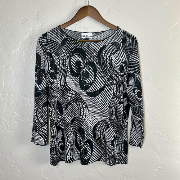 Vintage All Hours Size Small Top - 80s 90s Black White Sequined Graphic - Picture 2 of 9